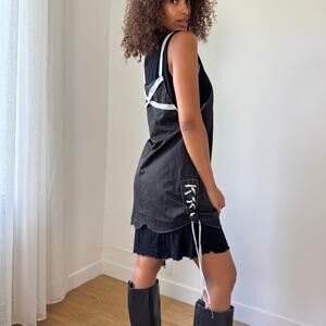 Vintage French Apron-Layer Lace-Up Dress (M)